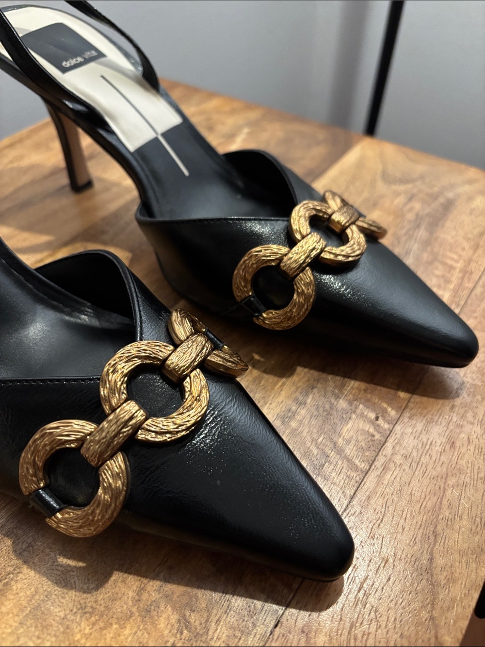 Dolce Vita Black Pointed Slingback Heels with Gold Chain Detail - Picture 2 of 7